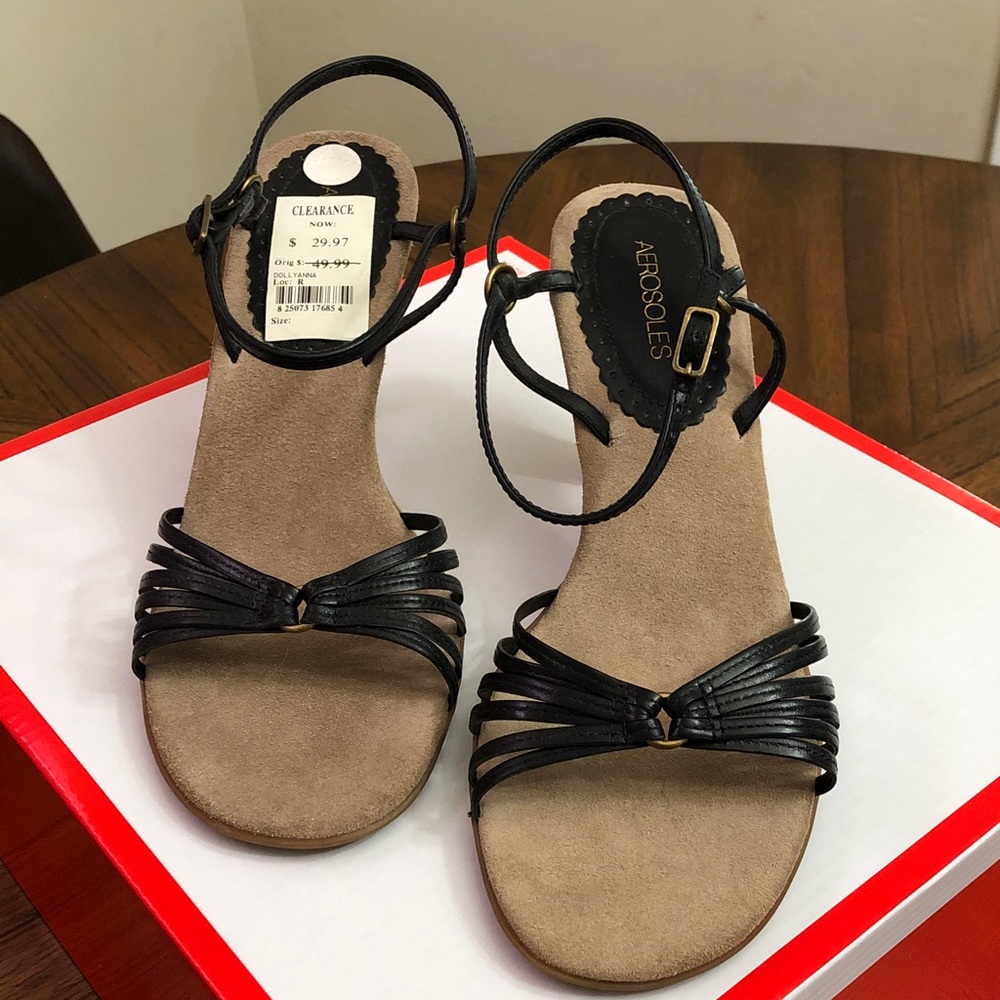 AEROSOLES Black Multi-Strap Ankle Strap Sandals